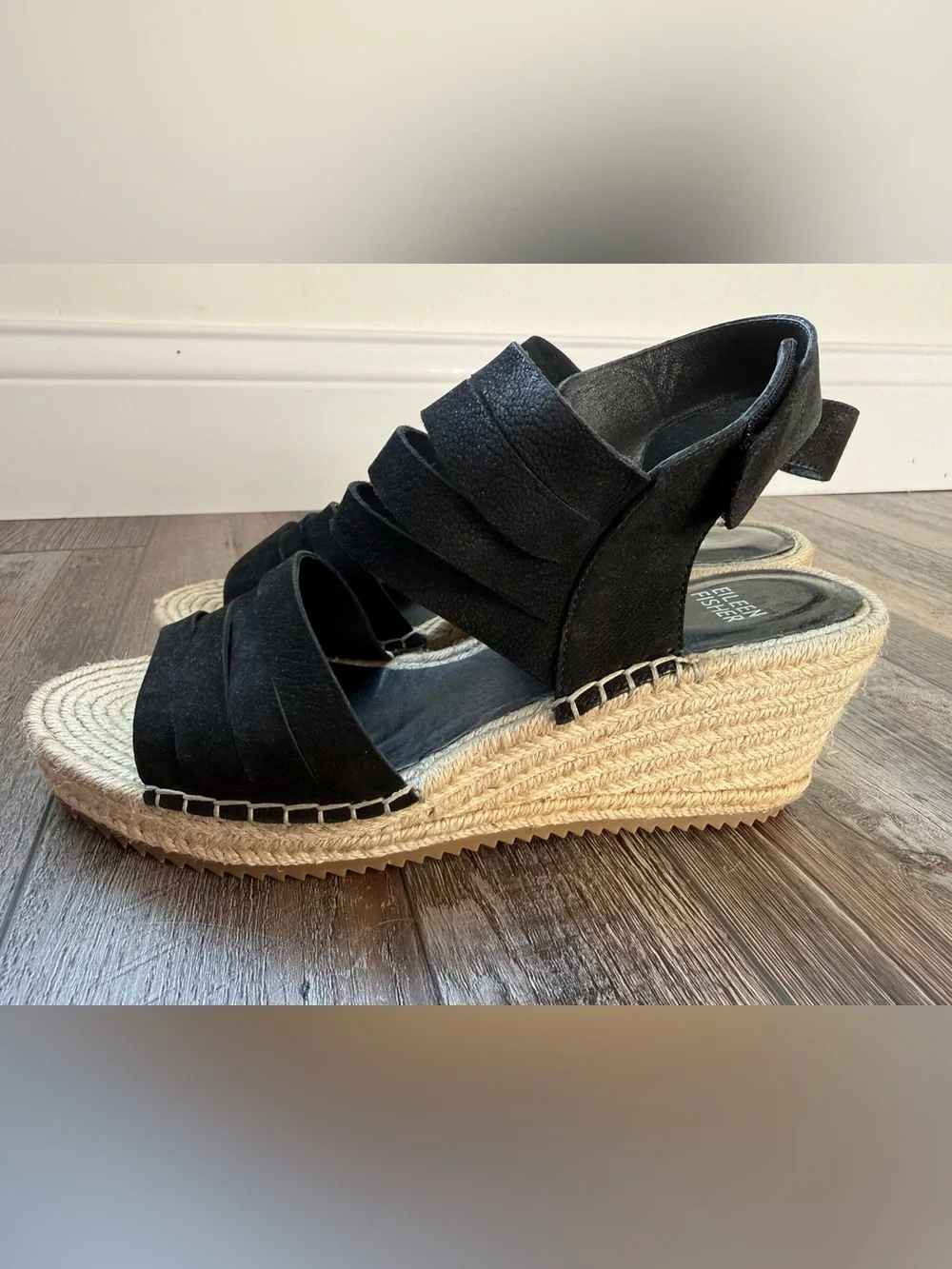 Eileen Fisher Black Suede Layered Espadrille Wedge Sandals